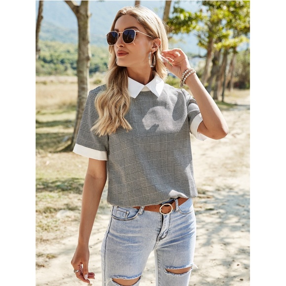Gray Houndstooth Plaid Blouse Shirt White Collar - Picture 2 of 15
